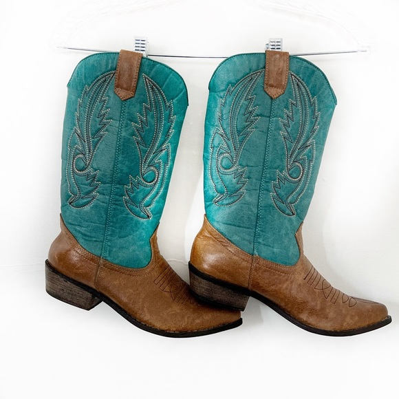 Western Cowgirl Boots. Brown & Teal. Excellent Condition. Size 7.5 CONCERTS! - Picture 4 of 13